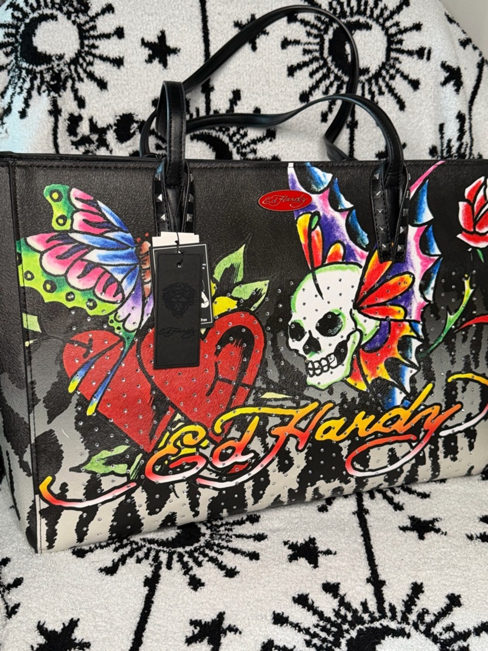 Ed Hardy Viral Oversized Butterfly Skull Hearts & Cheetah Print Rhinestone Tote